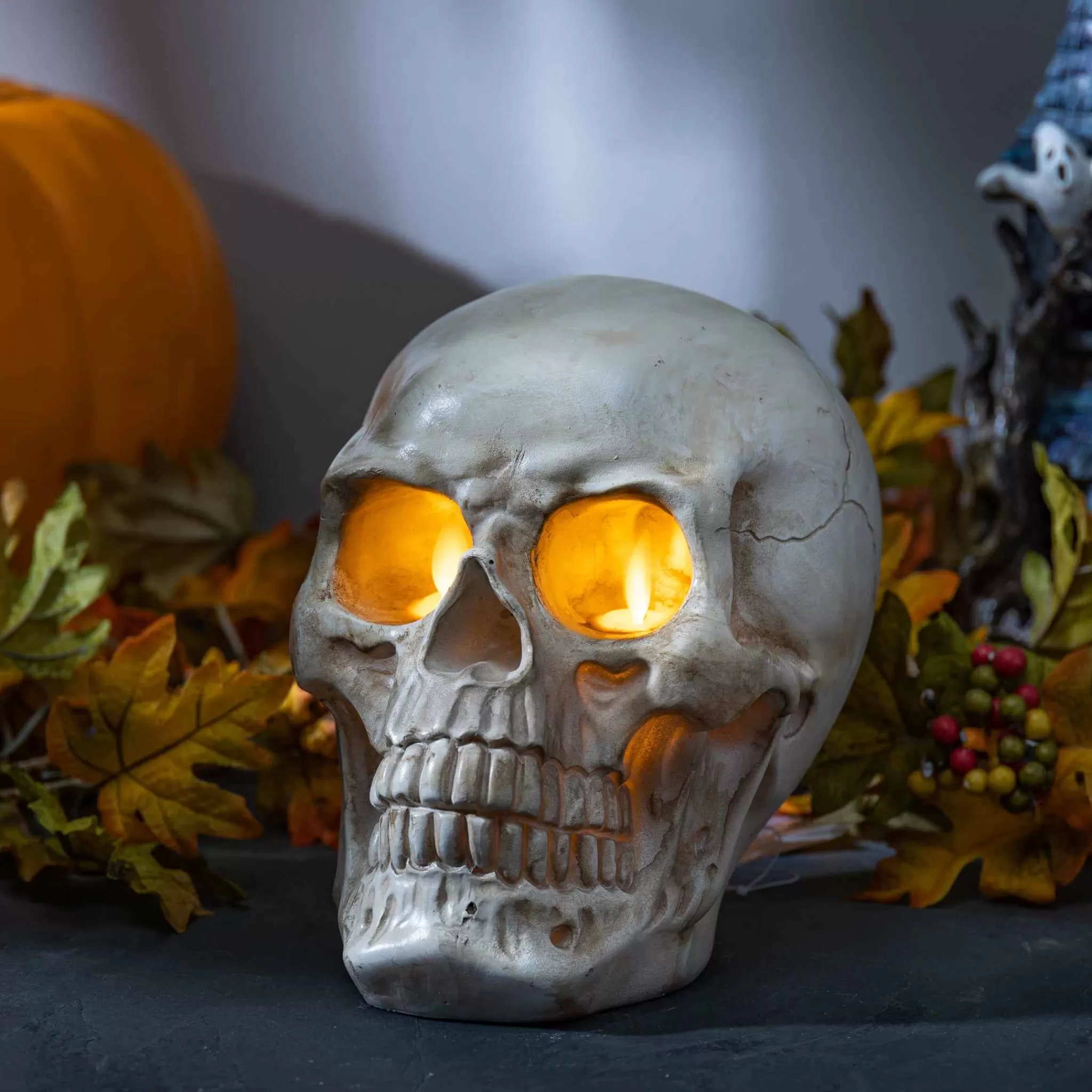 Gerson International Spooky Lighted Resin Skull Creepy Halloween Decor, Led Candle
