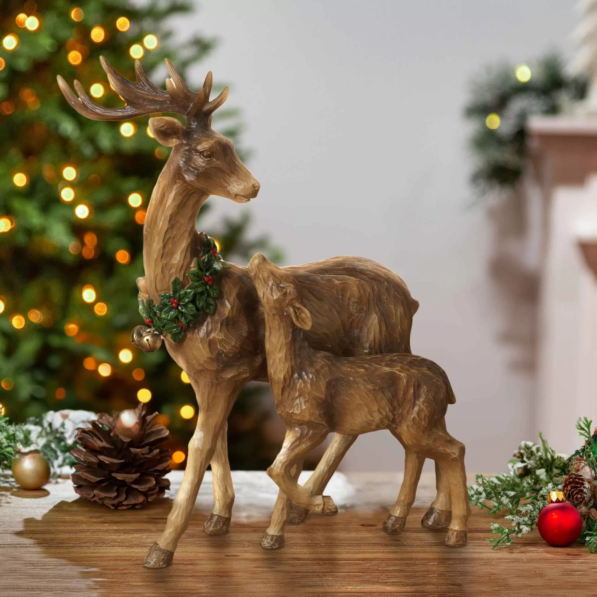 Gerson International Traditional Christmas Reindeer Decor With Baby Tabletop Accent