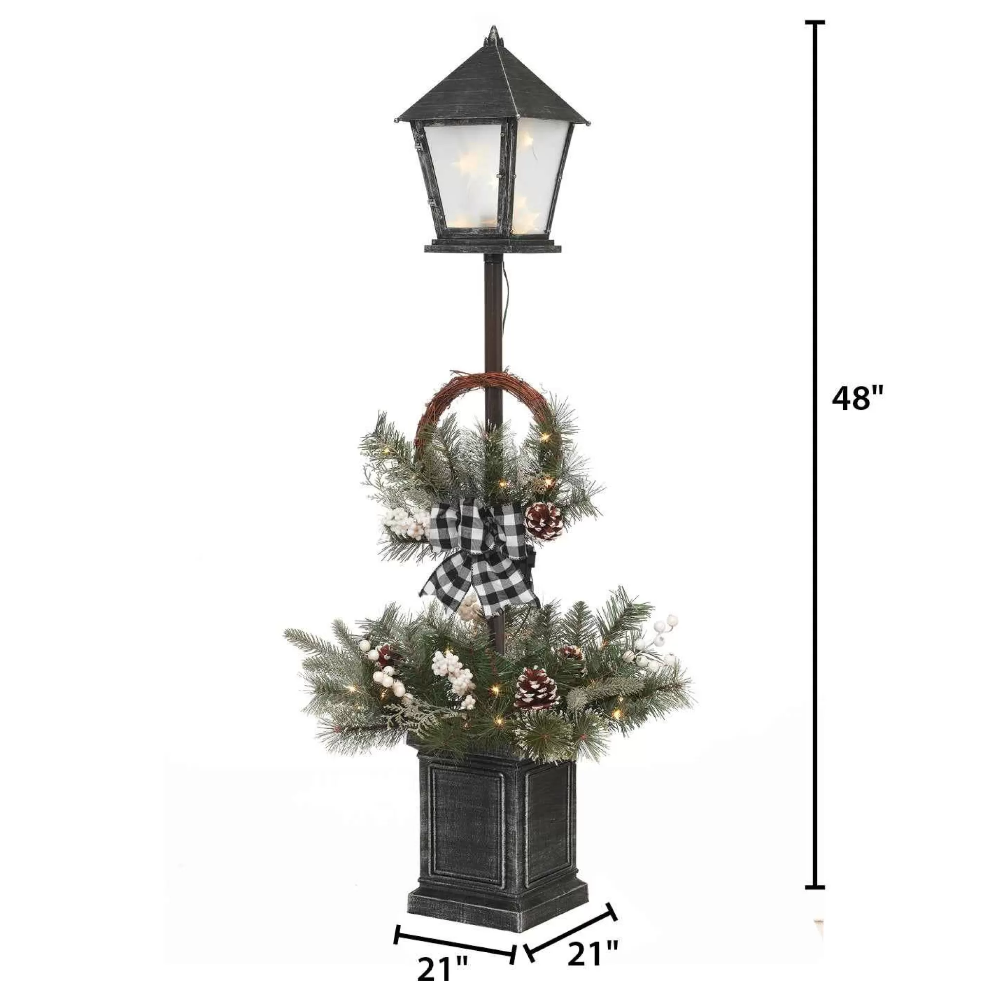 Gerson International Vintage Lantern Post With Wreath And Micro Led Lights, Timer